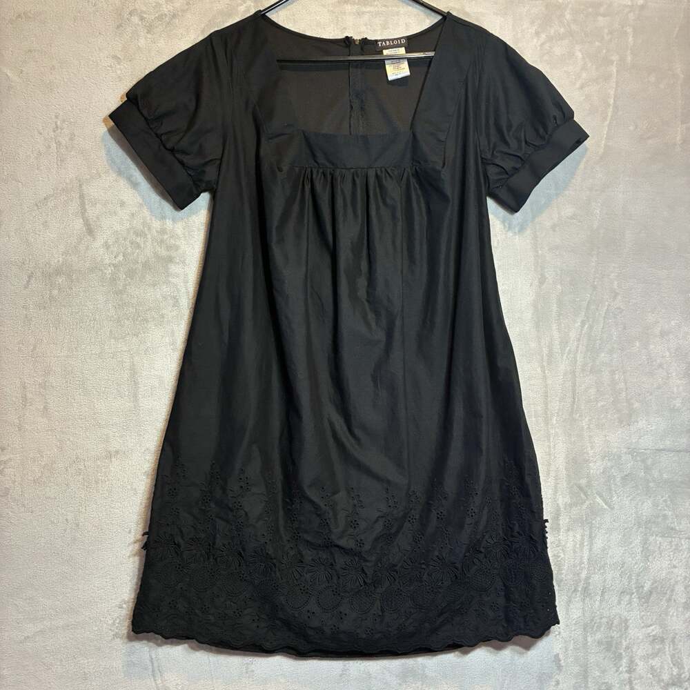 Vintage Tabloid Square Neck Babydoll Broderie Anglaise Dress Black Size 14